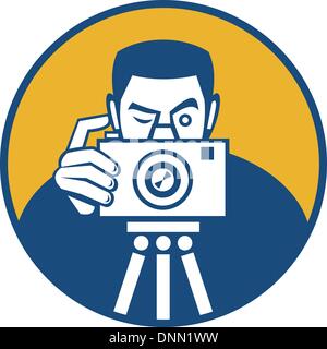 Illustrazione di un fotografo di scatto fotocamera DSLR vista frontale insieme all'interno del cerchio fatto in stile retrò. Illustrazione Vettoriale