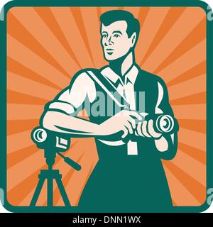 Illustrazione di un fotografo di sesso maschile con fotocamera DSLR e cam video fatto in stile retrò. Illustrazione Vettoriale