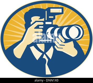 Illustrazione di un fotografo di scatto della fotocamera reflex digitale con flash e obiettivo zoom impostato all'interno di ellisse fatto in stile retrò. Illustrazione Vettoriale