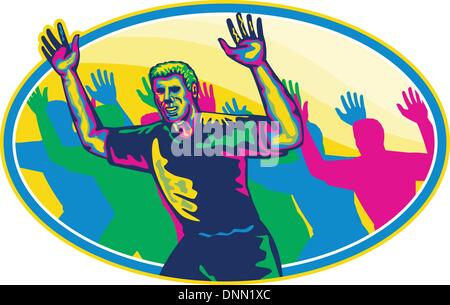 Illustrazione di un felice maratoneta in esecuzione con le mani fino fatto in stile retrò isolato su sfondo bianco imposta all'interno di forma ovale. Illustrazione Vettoriale