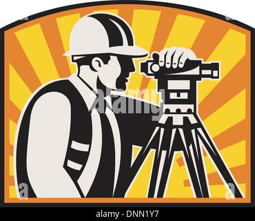 Illustrazione del geometra civile ingegnere geodetico lavoratore con teodolite stazione totale con apparecchiature sunburst fatto rétro xilografia stile, Illustrazione Vettoriale