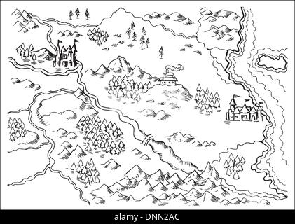 Illustrazione di una mappa di un fantasy land che mostra i fiumi, la gamma della montagna, alberi foresta,monastero,castelli,Road,mare,costa,terra su sfondo bianco Illustrazione Vettoriale