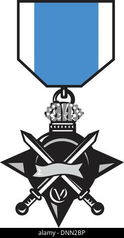 Illustrazione di una medaglia militare di coraggio, onore e valor mostra una spada incrociate con la corona isolato su bianco Illustrazione Vettoriale