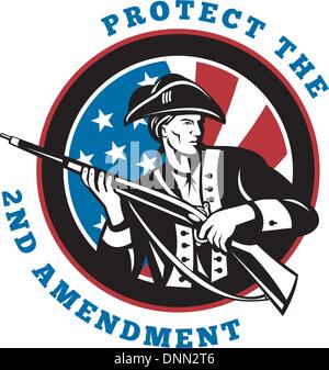 Graphic design illustrazione di un American soldato rivoluzionario con un fucile bandiera con la formulazione del testo di proteggere il secondo emendamento n. Illustrazione Vettoriale