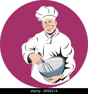 Illustrazione di un chef cuoco o baker fatto in stile retrò holding della vaschetta di miscelazione Illustrazione Vettoriale