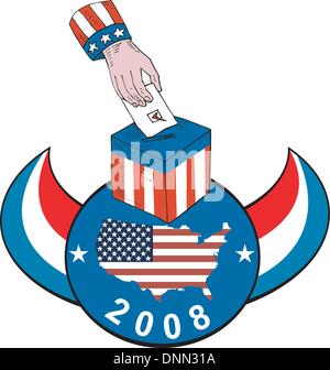 Illustrazione di una mano mettendo il voto ballottaggio nella casella con american stelle e strisce della bandiera e la mappa di parola e di voto. Illustrazione Vettoriale