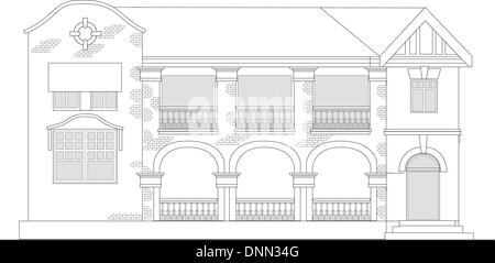 Disegno della linea illustrazione di un ufficio commerciale di edifici o di shopping center building visto dalla vista in elevazione frontale su sfondo bianco Illustrazione Vettoriale