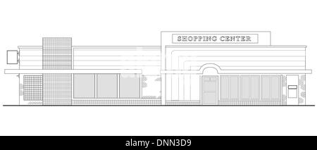 Disegno della linea illustrazione di una striscia centro commerciale o centro commerciale edificio visto dalla vista in elevazione frontale su sfondo bianco Illustrazione Vettoriale