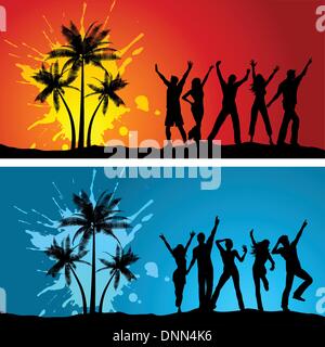 Sagome di persone che ballano su grunge Palm tree sfondi Illustrazione Vettoriale