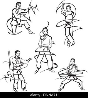 Arte Marziale lezioni. Set di bianco e nero illustrazioni vettoriali. Illustrazione Vettoriale