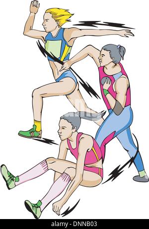 Atletica leggera. Heptathlon: salto in lungo, colpo messo, Gara. Colore illustrazione vettoriale. Illustrazione Vettoriale