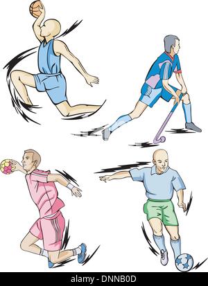 Sport di squadra: basket, hockey su prato, pallamano e calcio. Impostare il colore di illustrazioni vettoriali. Illustrazione Vettoriale