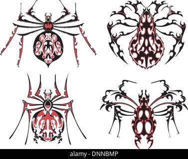 Nero e rosso ragno simmetrica di tatuaggi. Illustrazione vettoriale EPS8 Illustrazione Vettoriale