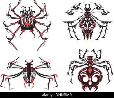 Nero e rosso ragno simmetrica di tatuaggi. Illustrazione vettoriale EPS8 Illustrazione Vettoriale