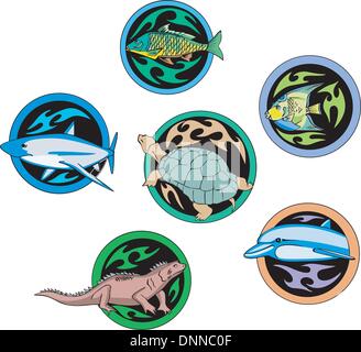 Set di vettore di round decorativo dingbats con varie di pesci e di rettili. Illustrazione Vettoriale