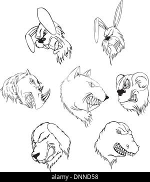 Animale aggressivo teste. Set di bianco e nero vector tatuaggio disegni e modelli. Illustrazione Vettoriale