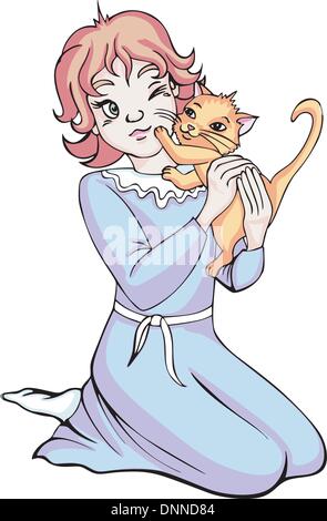 Bella ragazza con gattino. Colore illustrazione vettoriale Illustrazione Vettoriale