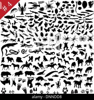 # 4 set di diversi animali, uccelli, insetti e pesci sagome vettoriali Illustrazione Vettoriale
