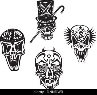 Teschi stilizzati. Set di bianco e nero illustrazioni vettoriali. Illustrazione Vettoriale