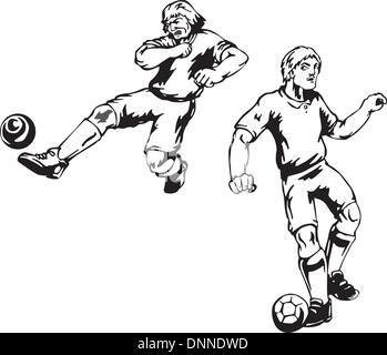 I giocatori di calcio. Set di bianco e nero illustrazioni vettoriali. Illustrazione Vettoriale