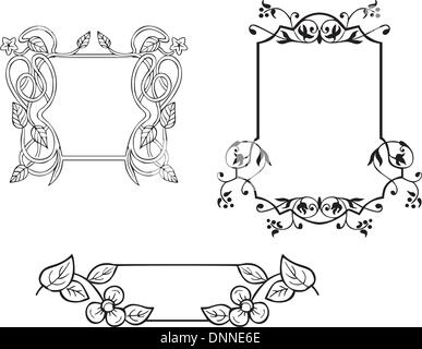 Tre miscellanee cornici decorative ornamentali e vettore di pannello di vinil-ready illustrazione EPS, in bianco e nero schizzi Illustrazione Vettoriale