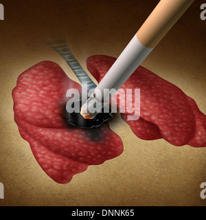 Il fumo gli effetti sulla salute concetto con una sigaretta bruciare un foro in una foto di polmoni umani come una metafora medica per il cancro del polmone e crescita di tumore da fumo tossico esposizione da un fumatore o usati a fumi. Foto Stock