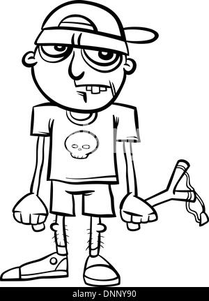 Bianco e Nero Cartoon illustrazione di Spooky Halloween Zombie Ugly Kid per libro da colorare Illustrazione Vettoriale