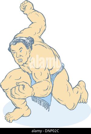 Illustrazione di un giapponese lottatore di sumo in atteggiamento di combattimento isolato su sfondo bianco fatto in stile cartoon. Illustrazione Vettoriale