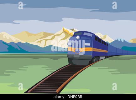 Illustrazione di un treno diesel visto da un angolo alto fatto in stile retrò. Illustrazione Vettoriale