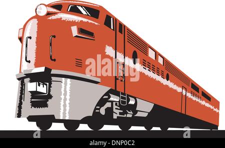 Illustrazione di un diesel locomotiva del treno in arrivo sulla ferrovia fatto in stile retrò su sfondo isolato visto dal basso angolo Illustrazione Vettoriale
