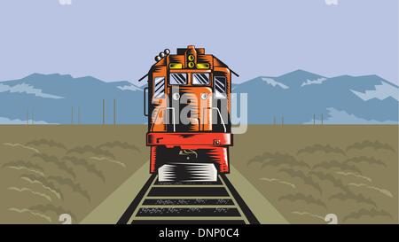 Illustrazione di un treno diesel visto da un angolo alto fatto in stile retrò con il campo e le montagne sullo sfondo. Illustrazione Vettoriale