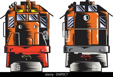 Illustrazione di un treno diesel visto dalla parte anteriore e dalla parte posteriore fatto rétro xilografia stile isolato su sfondo bianco. Illustrazione Vettoriale