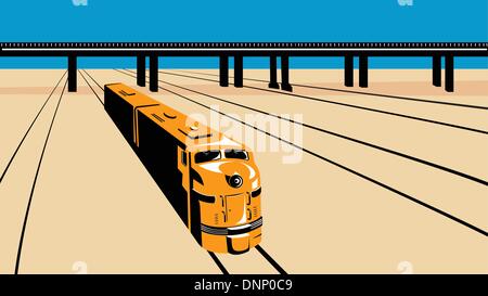 Illustrazione di un treno diesel visto da un angolo alto fatto in stile retrò con binari del treno e il viadotto del ponte. Illustrazione Vettoriale