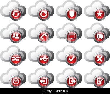 Cloud virtuali caricare le icone e i pulsanti di download, telefono, ripristinare il backup e salvare i file del computer e dei media digitali Illustrazione Vettoriale