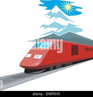 Illustrazione di un treno diesel visto da un angolo alto fatto in stile retrò isolato su sfondo bianco. Illustrazione Vettoriale