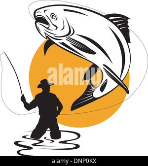 Illustrazione di un pesce trote jumping essendo avvolto dal pescatore a mosca fatto in stile retrò su sfondo isolato Illustrazione Vettoriale