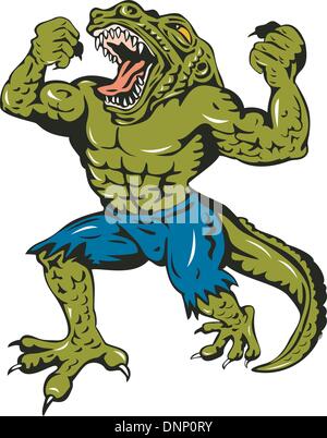 Illustrazione di un villain di Angry Alien monster uomo coccodrillo isolato su sfondo bianco fatto in stile retrò. Illustrazione Vettoriale