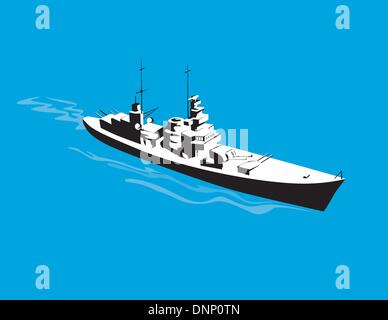 Illustrazione di una guerra mondiale due corazzata nave da guerra cruiser barca fatto in stile retrò. Illustrazione Vettoriale