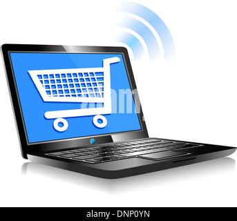 Icona del concetto di computer gli acquisti sul web - carrello Checkout Illustrazione Vettoriale