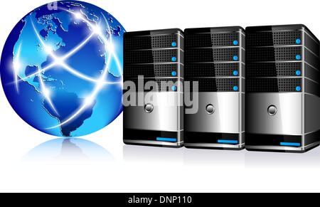 Concetto di server di comunicazione, Globo Internet e server upload via cavo Illustrazione Vettoriale