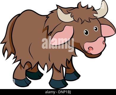 Una illustrazione di un simpatico cartoon felice hairy Yak carattere animale Illustrazione Vettoriale