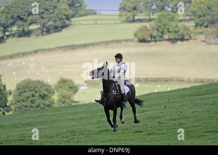 Cavallo e cavaliere al galoppo verso il basso una collina durante il cross country fase di un evento di una giornata Foto Stock