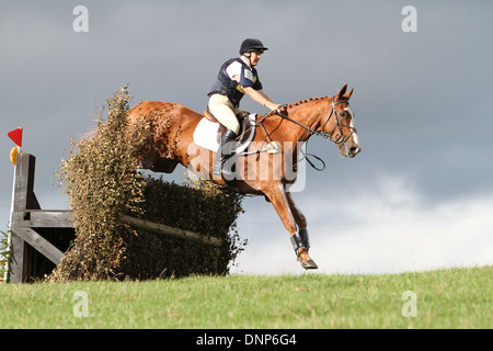 Cavallo e cavaliere saltando da un recinto, da un basso vantage point guardando verso l'alto un buio cielo tempestoso Foto Stock