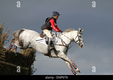 Cavallo e cavaliere saltando da un recinto, da un basso vantage point guardando verso l'alto un buio cielo tempestoso Foto Stock