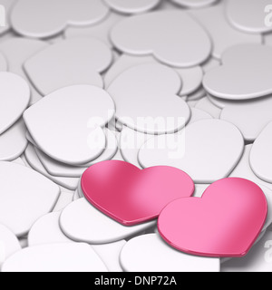 Trovare l'amore Valentines concetto concettuale e di opere d'arte astratte design con focus su due red forma di cuore nel mezzo Foto Stock