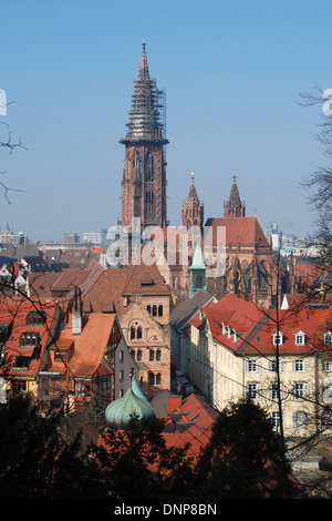 Il Münster di Friburgo, che domina la città in Germania Foto Stock