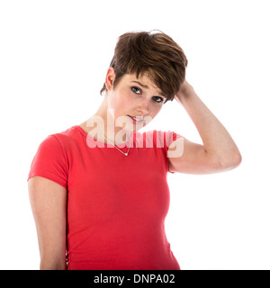 Piuttosto giovane donna è confuso Foto Stock