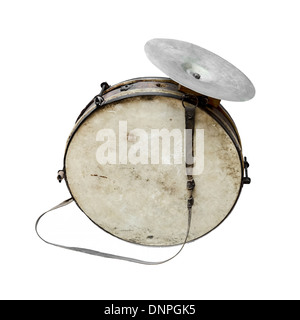 Il vecchio, mondane-saggio, squallido e polveroso bass drum per una banda di vento e un battitore Foto Stock