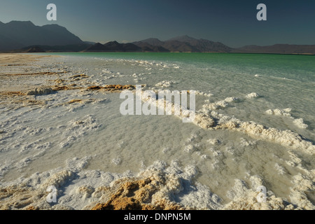 Piastre di sale essiccato al sole sulle rive del lago Assal, Gibuti Foto Stock