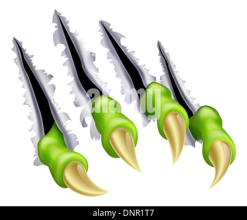 Una illustrazione di una griffa di mostri lo strappo a mano attraverso lo sfondo provocando lacerazioni o graffi Foto Stock